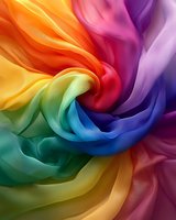 Swirling rainbow colored silk fabric creates dynamic spiral pattern with smooth flowing texture and vibrant spectrum of colors from yellow through purple.