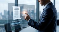 Professional businessman interacting with digital compliance interface displaying license agreement and regulatory icons in modern office environment.
