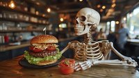 Humorous still life with skeleton model sitting at restaurant table next to fresh hamburger and sauce, dark atmospheric cafe interior with bokeh lights.