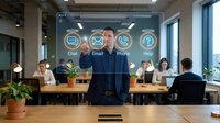 Man in dark blue business shirt interacting with digital communication interface displaying chat, email, phone and help icons in modern office environment with colleagues working at wooden desk.