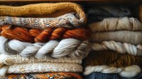 Cozy stack of folded knitted sweaters and warm wool yarn skeins in neutral earth tones and natural fibers create rustic textile background for autumn season.