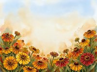 Watercolor wildflower meadow with orange and yellow blooms against soft sky background for nature designs and seasonal decorations.