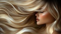 Flowing blonde hair waves creating dynamic movement against dark background, side profile view showcasing natural beauty and luxurious haircare concept.