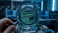 Magnifying glass revealing malware detection code on circuit board in modern tech environment, cybersecurity concept.