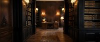 Luxurious dark wood library interior with ornate bookshelves, warm lighting, leather chair and classic decor for sophisticated home office designs.