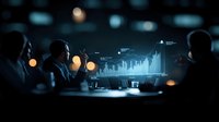 Business team analyzing holographic financial charts in dark meeting room with glowing data visualization and bokeh lights creating dramatic atmosphere.