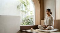 Woman in casual beige cardigan sitting cross-legged on cushion by large window with hanging plants, peaceful meditation or relaxation space for wellness and mindfulness content.