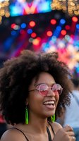 Happy young African American woman with curly afro hair wearing pink sunglasses and green earrings smiling at colorful bokeh lights festival background.