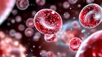 Red blood cells floating in plasma with glowing particles and dynamic motion effects against dark background, medical science visualization concept.