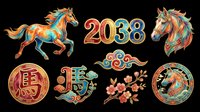 Colorful Chinese zodiac horse set for 2038 new year, isolated on transparent background, ready for stickers, sublimation, t-shirt design, and print on demand.