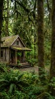 Rustic wooden cabin nestled in lush forest with moss-covered trees, ferns, and dense vegetation surrounding small cottage retreat for nature escape and woodland living concepts.