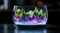 Vibrant green and purple crystals in clear glass bowl with dramatic lighting and bokeh effect create magical atmosphere for spiritual and wellness concepts.