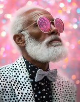 Senior man with white beard wearing pink sparkle sunglasses, polka dot shirt and bow tie against colorful bokeh background. Stylish, fashionable portrait for lifestyle and entertainment use.