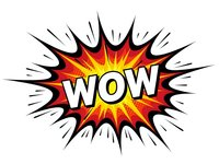 Comic book style WOW explosion burst with red yellow flames on white background isolated for graphic design projects and promotional materials.