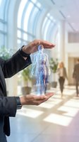 Businessman holding glowing holographic human body with circulatory system in modern office environment, representing healthcare technology, medical innovation, and digital wellness solutions.