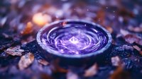 Magical purple water ripple surrounded by autumn leaves creates mystical atmosphere with glowing light effect and bokeh background. Macro photography.