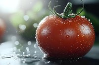 Fresh ripe tomato with water drops and splashes on dark background, macro photography with soft bokeh effect and selective focus.