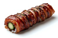 Bacon wrapped asparagus spear glazed with honey and herbs, sliced to show tender green center on white background, appetizer or side dish presentation.