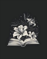 Open book with blooming lily flowers emerging from pages, white line art on dark background. Magical reading concept for book covers and literary designs.