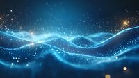 Abstract blue glowing wave with particles and bokeh lights flowing across dark background, suitable for technology, digital innovation, and data visualization projects.