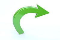 Curved green glossy arrow pointing right on white background, isolated design element for presentations, infographics and business concepts.