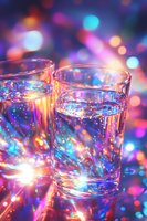 Two glasses filled with sparkling water against vibrant bokeh background with colorful lights creating magical festive atmosphere for celebration and party design.