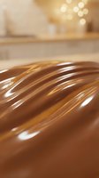 Smooth liquid chocolate with glossy waves and highlights in warm kitchen setting with bokeh background.