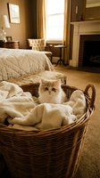Fluffy orange and white cat sitting in wicker basket filled with cream blankets in elegant bedroom with fireplace and natural light from window.