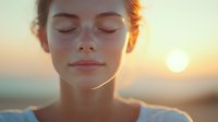 Young woman with closed eyes enjoying peaceful sunset moment, natural skincare and wellness concept, soft golden light illuminating serene facial features.