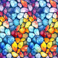 Vibrant seamless mosaic pattern with colorful abstract shapes resembling stained glass or crystalline structures in blue, yellow, orange, and purple tones, perfect for fabric design and wallpaper.