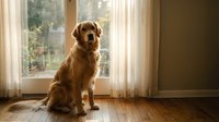 Golden retriever sitting on wooden floor by window with sheer curtains, looking out at garden, warm natural light, home interior setting.