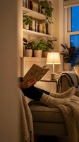 Cozy evening reading scene with person enjoying book on comfortable sofa by warm lamp light in modern living room with plants and bookshelves.