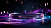 Glowing neon petri dish with luminescent particles on dark background, purple and blue light effects create futuristic scientific atmosphere.