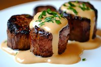 Grilled beef tenderloin medallions topped with creamy bearnaise sauce and fresh chopped herbs on white plate, close up view of gourmet restaurant dish.