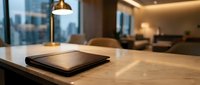 Modern office workspace with closed laptop on wooden desk in contemporary business environment with city view and warm lighting for productivity concepts.