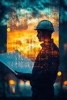 Double exposure silhouette of construction engineer against sunset cityscape with scaffolding and cranes, holding blueprints at building site.
