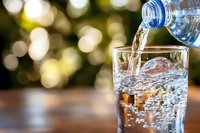 Pouring fresh water from plastic bottle into drinking glass with sparkling bubbles and bokeh background, close up view showing refreshing beverage splash.