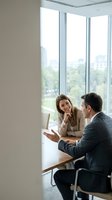 Professional business meeting between confident businesswoman and businessman in modern office with city view discussing corporate strategy and collaboration.