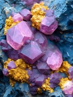 Purple amethyst crystals with golden mineral deposits on blue rock formation for geology education and gemstone collection displays.