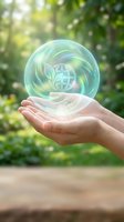 Hands holding glowing green energy sphere with globe symbol representing environmental protection and sustainability in natural outdoor setting.