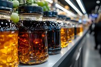 Homemade fermented beverages in glass jars with fresh grapes on shelf display. Kombucha, tea or probiotic drink production for health-conscious consumers and wellness retail.
