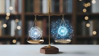 Golden scales of justice balancing glowing AI technology symbols and human brain networks in modern legal office setting for artificial intelligence law concepts.