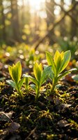 Young green seedlings emerging from rich soil in warm sunlight with golden bokeh background creating hopeful spring growth atmosphere for environmental concepts.