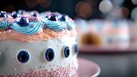 Festive birthday cake decorated with pink and blue buttercream swirls, silver sprinkles and navy polka dots on white frosting. Elegant dessert on pink plate.