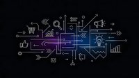 Digital business technology network with interconnected icons and circuit pathways on dark background for modern corporate presentations.