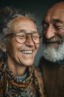 Happy elderly couple laughing together showing genuine joy and love in their golden years with warm lighting and authentic expressions.