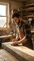 Caucasian male carpenter with beard wearing plaid shirt and apron sanding wooden plank in rustic workshop with natural light from window, suitable for woodworking and craftsmanship content.