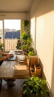 Freelancer working at wooden desk in sunny home office with potted plants and solar panels visible on balcony, sustainable workspace setup.