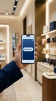 Man's hand holding smartphone with Buy Now button in luxury retail store, mobile shopping and e-commerce concept.