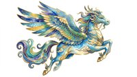 Ornate blue and gold winged horse clipart, isolated on transparent background, ready for t-shirt design, stickers, sublimation, and print on demand projects.